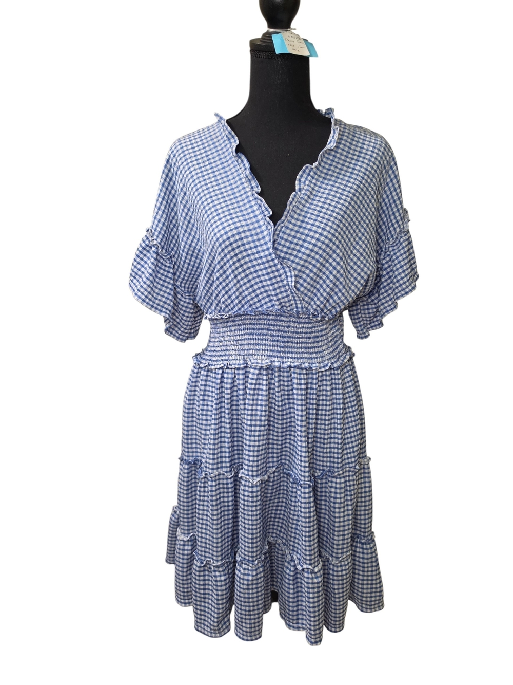 Max Studio Blue Gingham Smocked Midi Dress